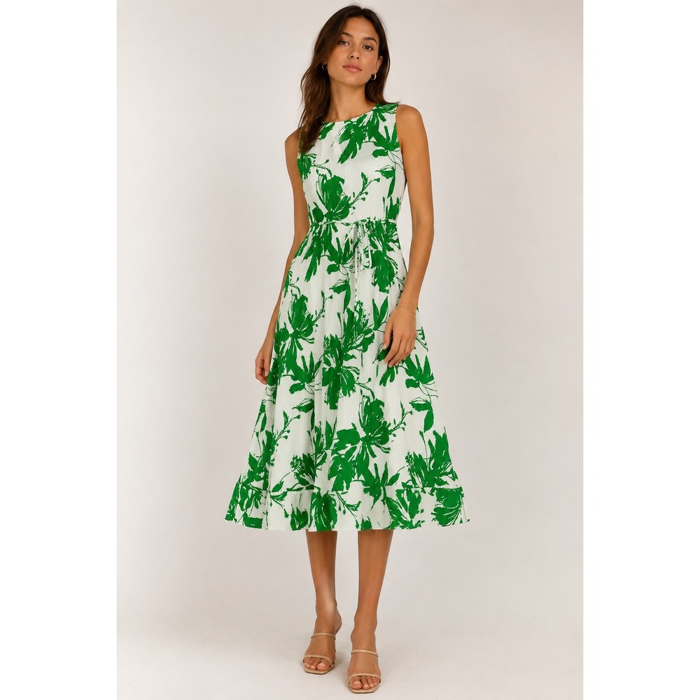 Taylor Green White Floral Pleated Midi Dress Sleeveless Belted Ruffle Hem XS